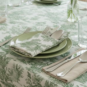 Può includere: Una tavola apparecchiata con una tovaglia toile de Jouy verde e bianca e tovaglioli abbinati. La tavola è apparecchiata con piatti verdi, posate e bicchieri d'acqua. Un piccolo vaso di verde aggiunge un tocco naturale all'elegante scena.