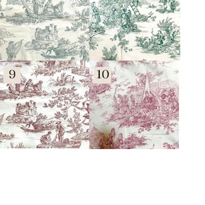 May include: Four fabric swatches with toile patterns. The fabrics feature detailed illustrations in shades of green and burgundy on a white background. Each swatch has a number in the corner.