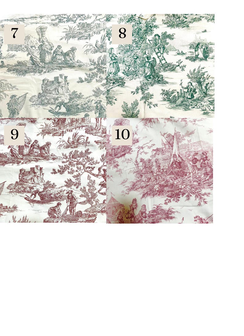 May include: Four fabric swatches with toile patterns. The fabrics feature detailed illustrations in shades of green and burgundy on a white background. Each swatch has a number in the corner.