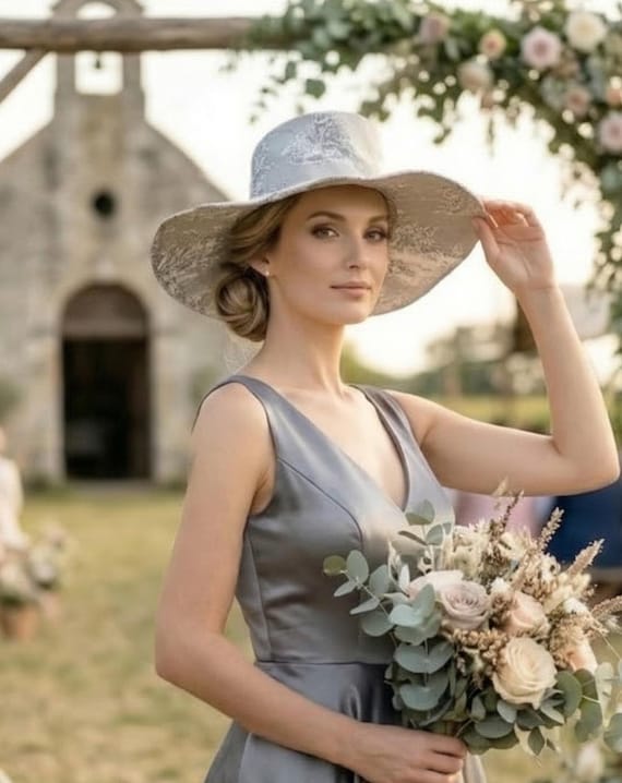Chapeau capeline mariage en toile de Jouy, grands bords, chapeau de cérémonie femme fait main, accessoire pour mariage champêtre sur mesure