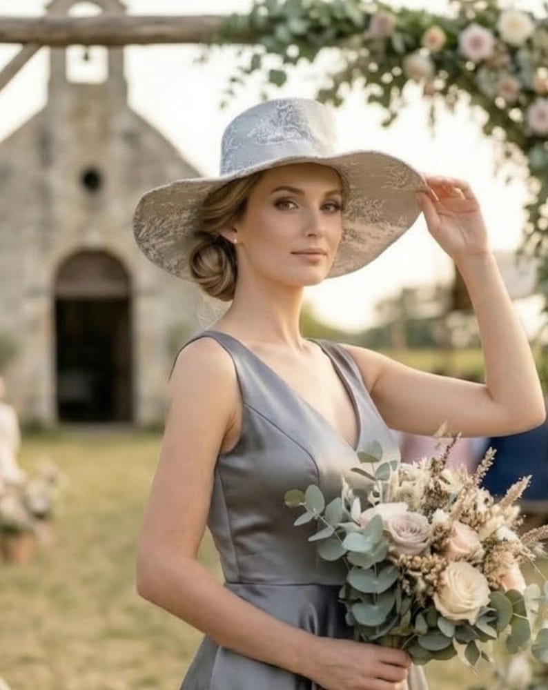 May include: A woman wearing a silver-gray wide-brimmed hat with a floral pattern and a matching V-neck dress. She holds a bouquet of flowers with roses and eucalyptus. The background features a blurred outdoor setting with a building.