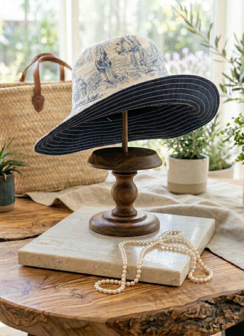 May include: A wide-brimmed hat with a blue and white toile pattern, displayed on a wooden stand. The hat has a navy blue underside and is set on a decorative wooden pedestal. A pearl necklace rests on a marble tile.