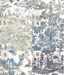 May include: Collection of six fabric swatches featuring classic toile de Jouy patterns. Each swatch showcases detailed scenes in various color palettes, including blue, green, and sepia tones. The designs depict pastoral landscapes and figures.