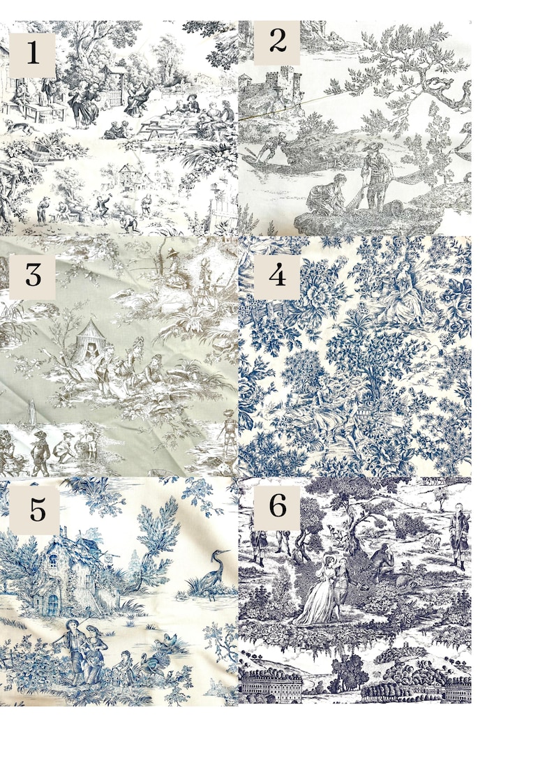 May include: Collection of six fabric swatches featuring classic toile de Jouy patterns. Each swatch showcases detailed scenes in various color palettes, including blue, green, and sepia tones. The designs depict pastoral landscapes and figures.