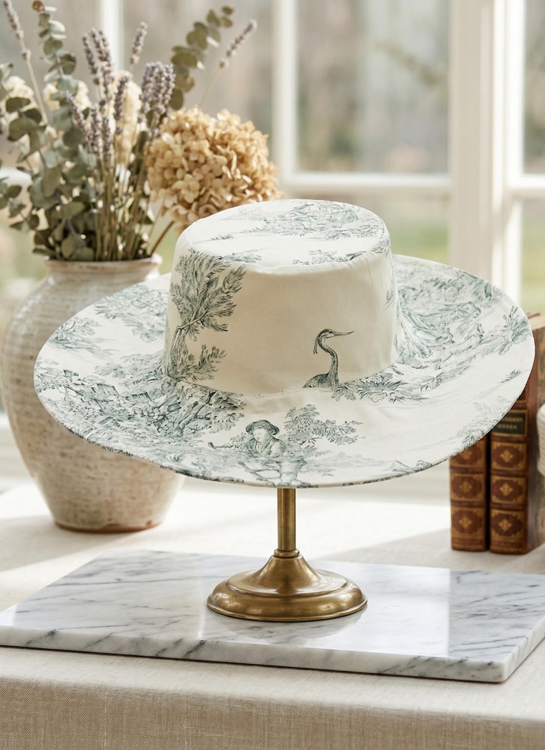 May include: A white sun hat with a wide brim, featuring a toile pattern in shades of green. The hat is displayed on a gold-colored stand. The toile design depicts a pastoral scene with figures and foliage.