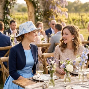 May include: Two women seated at a table set for an outdoor event. One wears a light blue dress, navy bolero, and a white hat with a blue pattern. The other wears a lace dress. Floral arrangements and wine glasses adorn the table.