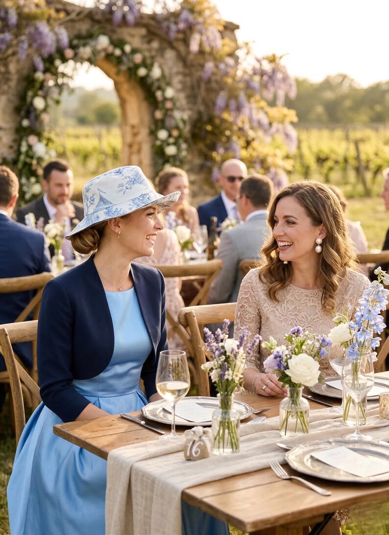 May include: Two women seated at a table set for an outdoor event. One wears a light blue dress, navy bolero, and a white hat with a blue pattern. The other wears a lace dress. Floral arrangements and wine glasses adorn the table.