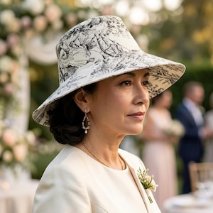 May include: A wide-brimmed hat with a black and white toile pattern. The hat is worn by a person wearing a cream-colored blazer. The background is blurred, suggesting an outdoor event.