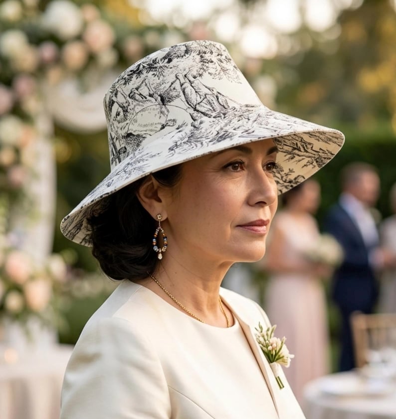 May include: A wide-brimmed hat with a black and white toile pattern. The hat is worn by a person wearing a cream-colored blazer. The background is blurred, suggesting an outdoor event.