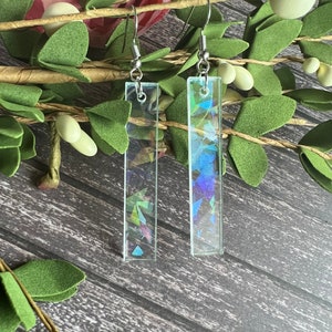 Holographic Bar Earrings: Iridescent Acrylic Geometric Dangles