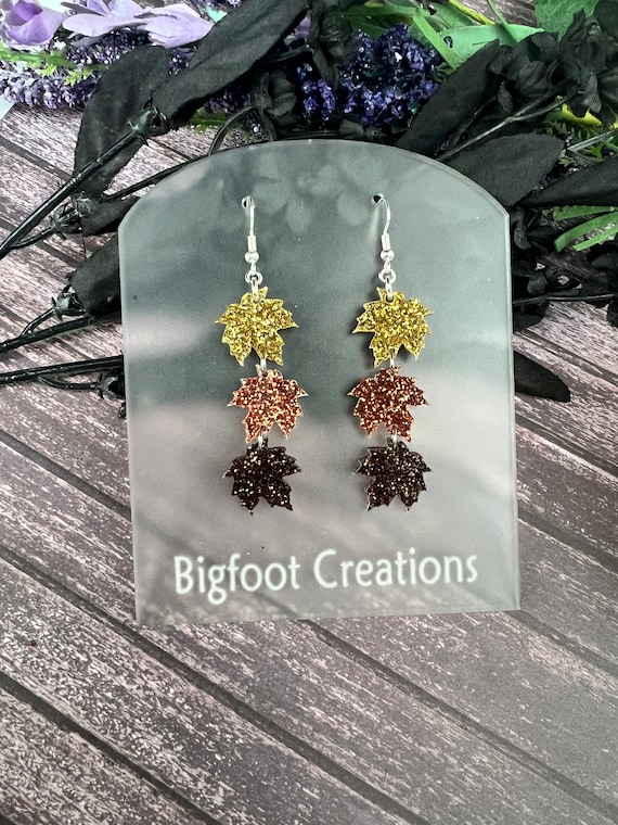 19 Fall Earrings With Leaves, Acorns and Pumpkins 3 Stacked Glitter Leaves