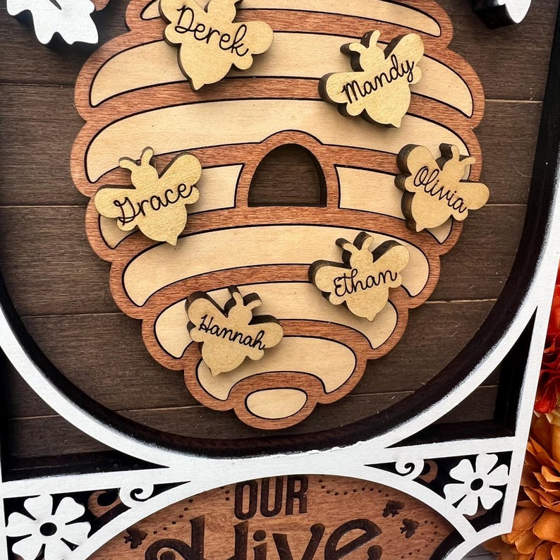 family-name-beehive-sign-personalized-bee-family-name-home-decor
