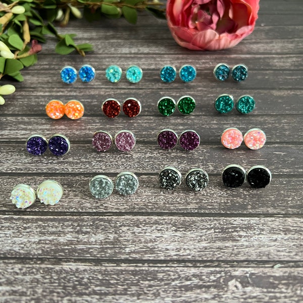 Druzy Stud Earrings, Sparkly Earring Studs, Minimalistic Earrings, 10mm, Pick Your Color