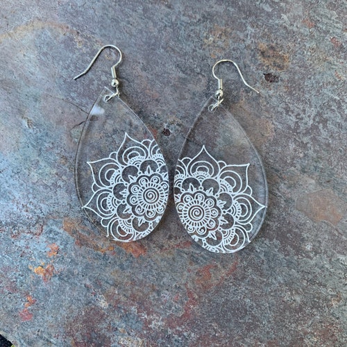Mandala Acrylic Engraved Earrings Teardrop Earrings Etsy