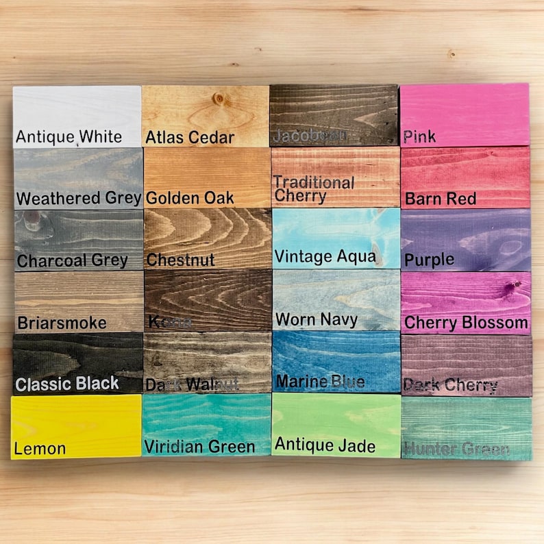 Puede incluir: Una tabla de 20 colores diferentes de tinte para madera, incluyendo Blanco Antiguo, Cedro Atlas, Gris Desgastado, Roble Dorado, Gris Carb&oacute;n, Casta&ntilde;o, Humo de Brezo, Negro Cl&aacute;sico, Lim&oacute;n, Verde Viridian, Jade Antiguo, Verde Cazador, Jacob, Cerezo Tradicional, Rojo Granero, Aqua Vintage, P&uacute;rpura, Azul Marino Desgastado, Flor de Cerezo, Azul Marino y Cereza Oscura.