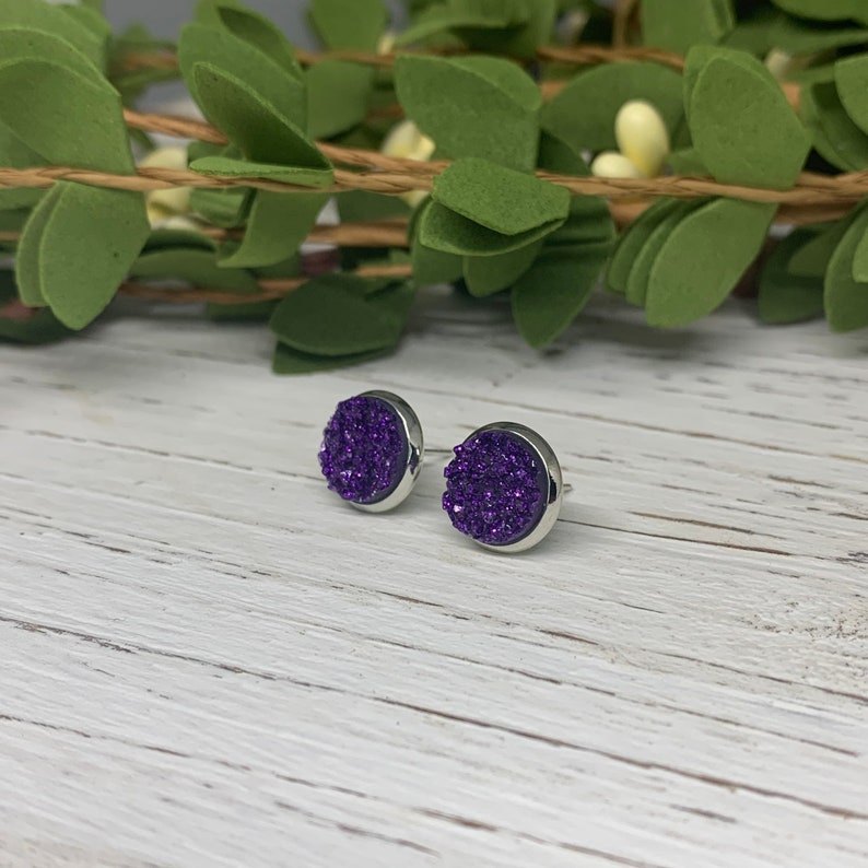 Dark Purple Druzy Style Earring Studs Glitter Earring Studs Bridesmaid Gift for her