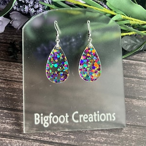 Colorful Iridescent Polka Dot Earrings, Rainbow Bar Earrings, Holographic Teardrop Jewelry, Sparkling Colorful Earrings, Party Accesories