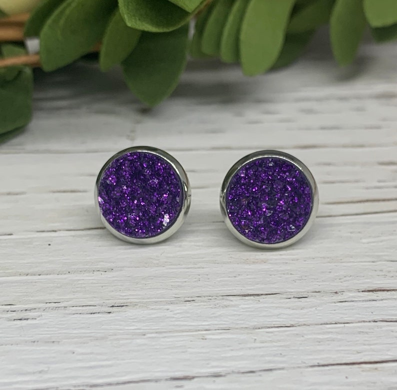 Dark Purple Druzy Style Earring Studs Glitter Earring Studs Bridesmaid Gift for her