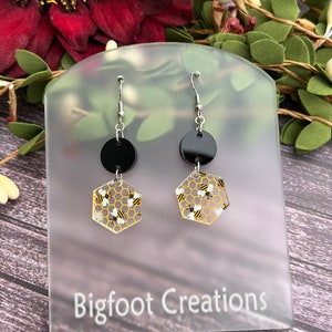 Bee Earrings, Beehive Earrings, Gift for Beekeeper, Bee Happy, Bee Jewelry, Hexagon, Dangle Bee Earrings