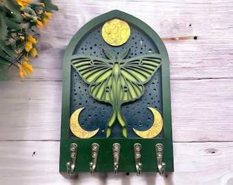 Luna Moth Keyholder, Keychain holder for  Wall, Enchanting Decor, Boho Decor, Key Hook for Wall, Celestial Decor for Home, Gift for Friend