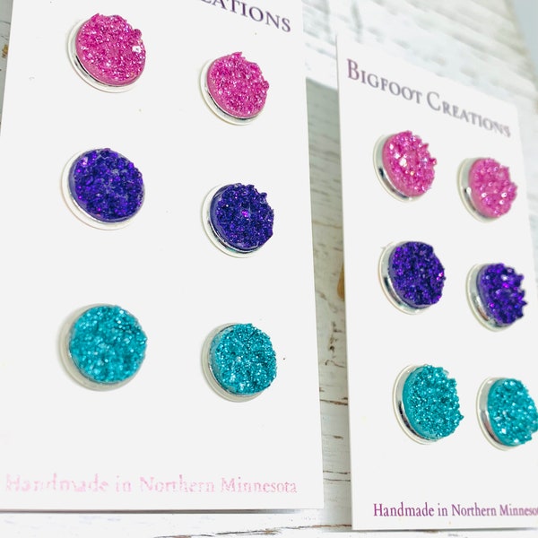 Druzy Earrings Set, Pink Earring Studs, Purple Earring Studs, Turquoise Earring Studs, Gift for Her, Gift for Friend, Nickel Free