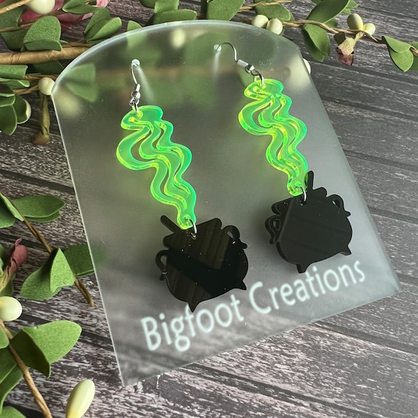 Witches Cauldron Earrings, Green and black Halloween Earrings, Witch Earrings