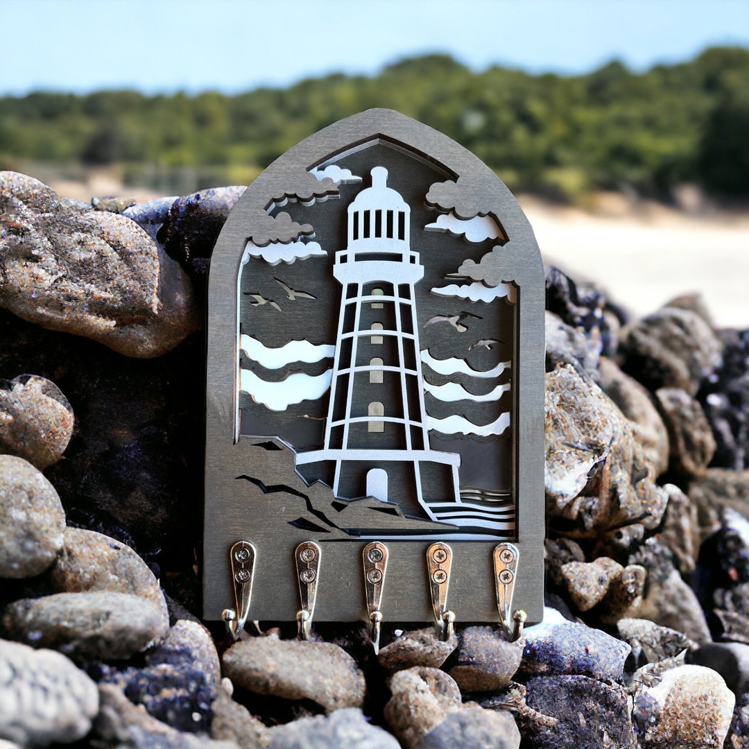 Lighthouse Key Holder: Coastal Maple Wood Nautical Decor