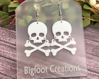 Skull and Bones Earrings, Halloween Skull Earrings, Dangle Skull Earrings, Crossbones Earrings, Hot Pink Halloween Jewelry
