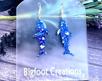 Shark Print Acrylic Dangle Earrings, Shark Lover Gift, Ocean inspired Jewelry, Nautical Earrings, Beach Accessories, Gift for Ocean Lover