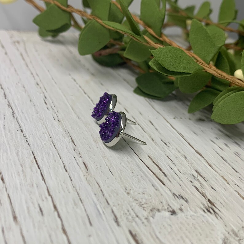 Dark Purple Druzy Style Earring Studs Glitter Earring Studs Bridesmaid Gift for her