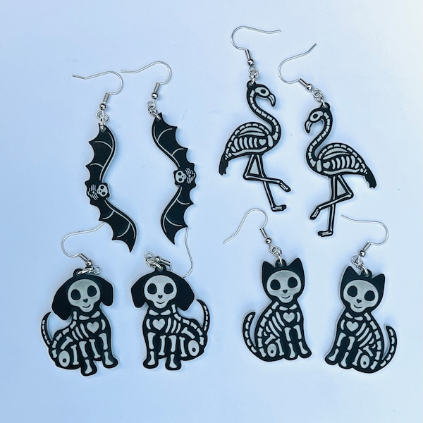 Skelton Earrings, Dangle Halloween Earrings, Cat Skeleton, Bat Skeleton, Flamingo Skeleton, Dog Skeleton