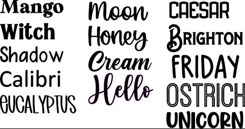 Puede incluir: Una imagen en blanco y negro con una lista de palabras en diferentes fuentes. Las palabras son: Mango, Witch, Shadow, Calibri, Eucalyptus, Moon, Honey, Cream, Hello, Caesar, Brighton, Friday, Ostrich, Unicorn.