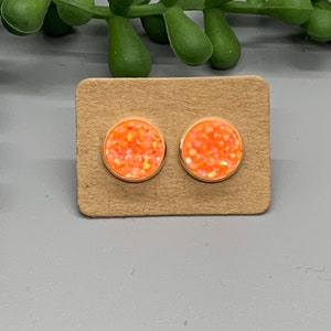 Orange Druzy Earring Studs, Neon Orange Earrings, Bright Orange Earrings, Gift Jewelry