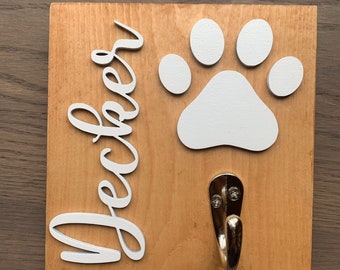 Dog Leash Sign With Hook, Dog Paw Leash Holder, Personalized Dog Leash Plaque