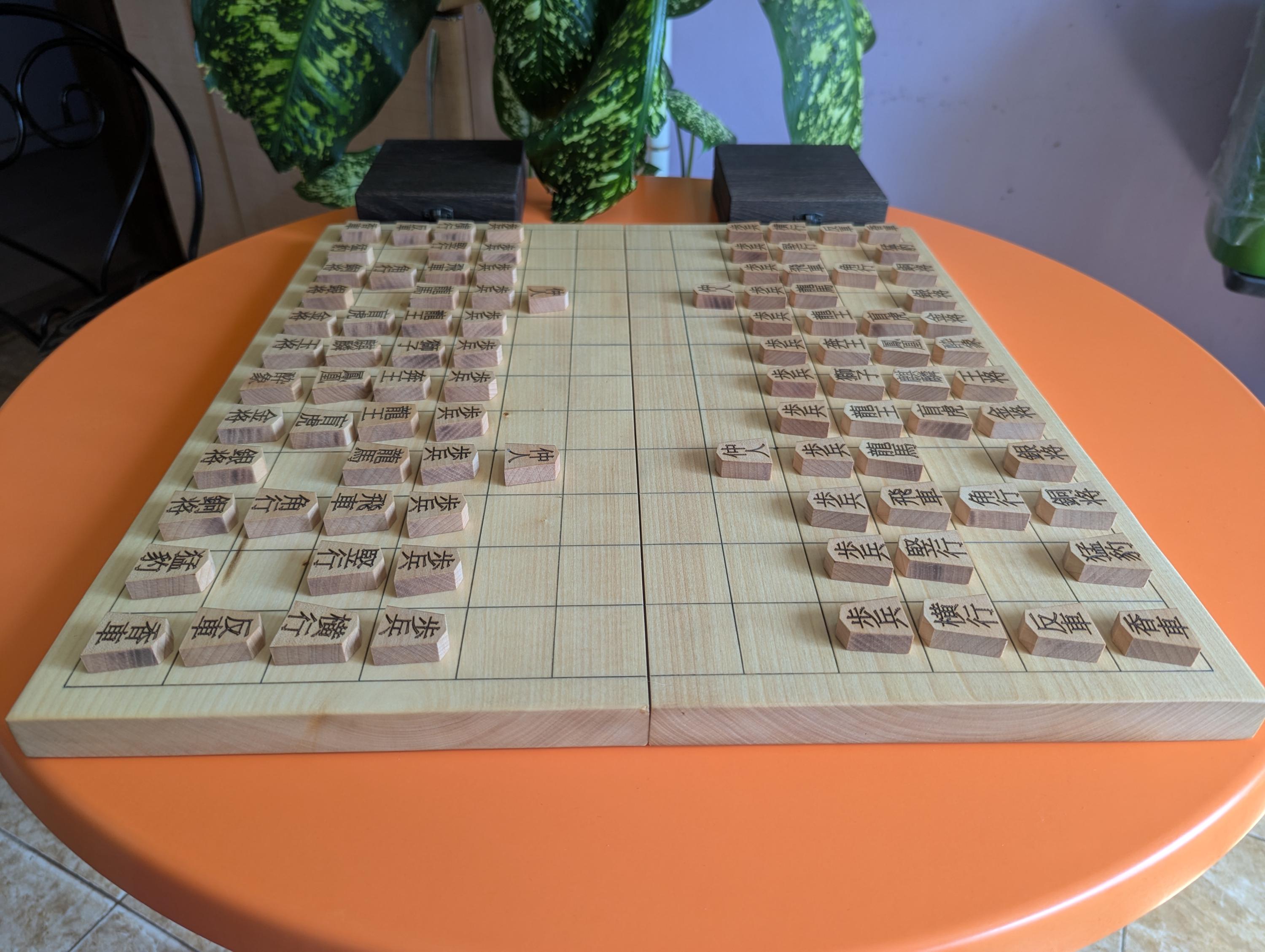 中将棋のゲームセット。折りたたみ式。厚いメープル材の駒が付い 中将棋のゲームセット。折りたたみ式。厚いメープル材の駒が付い