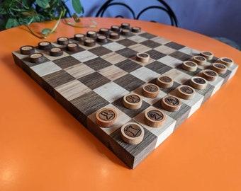 Portable flat chess & checkers set. Foldable wooden chessboard
