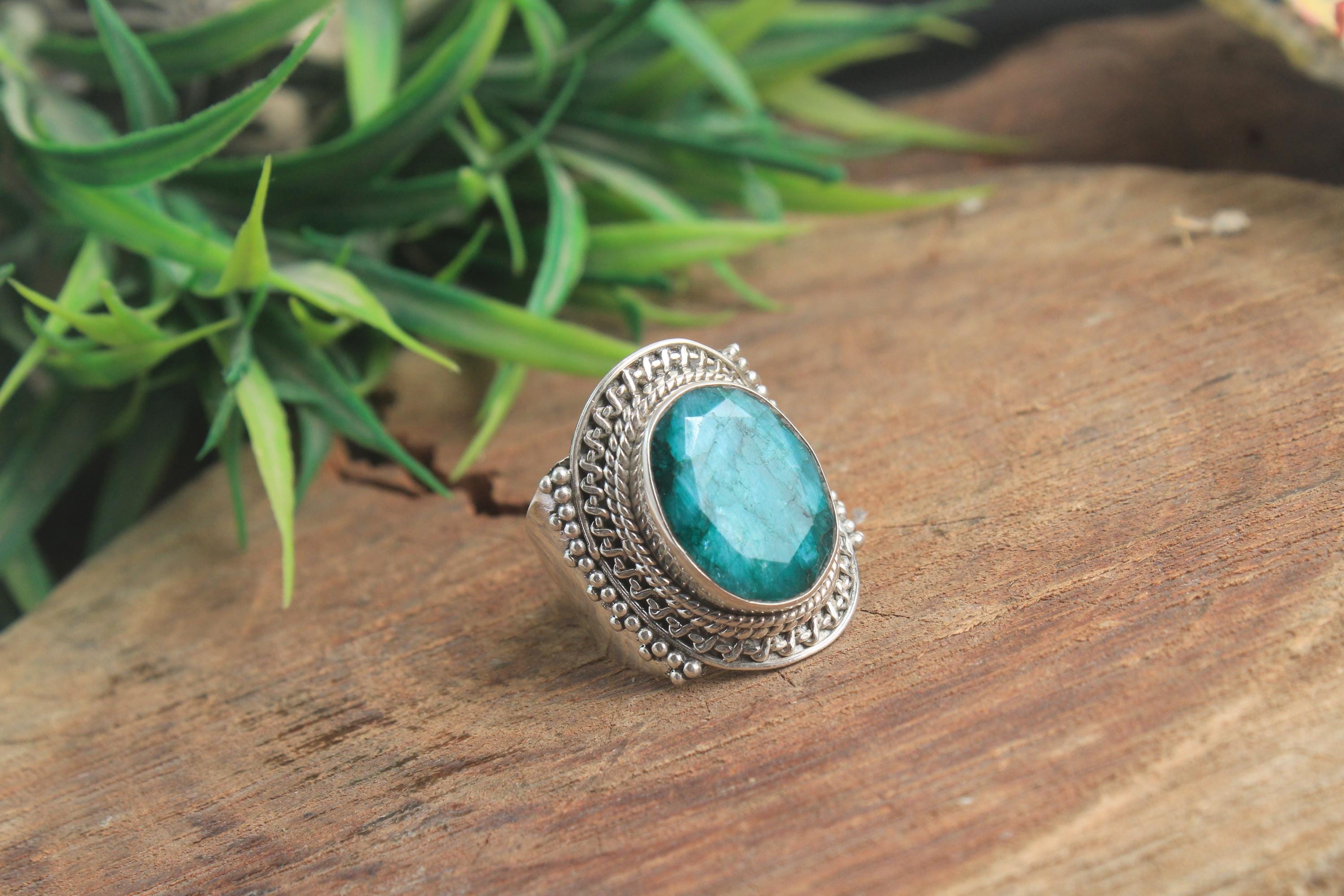 Oval Emerald Sterling Silver Ring: Large Green Stone - Etsy
