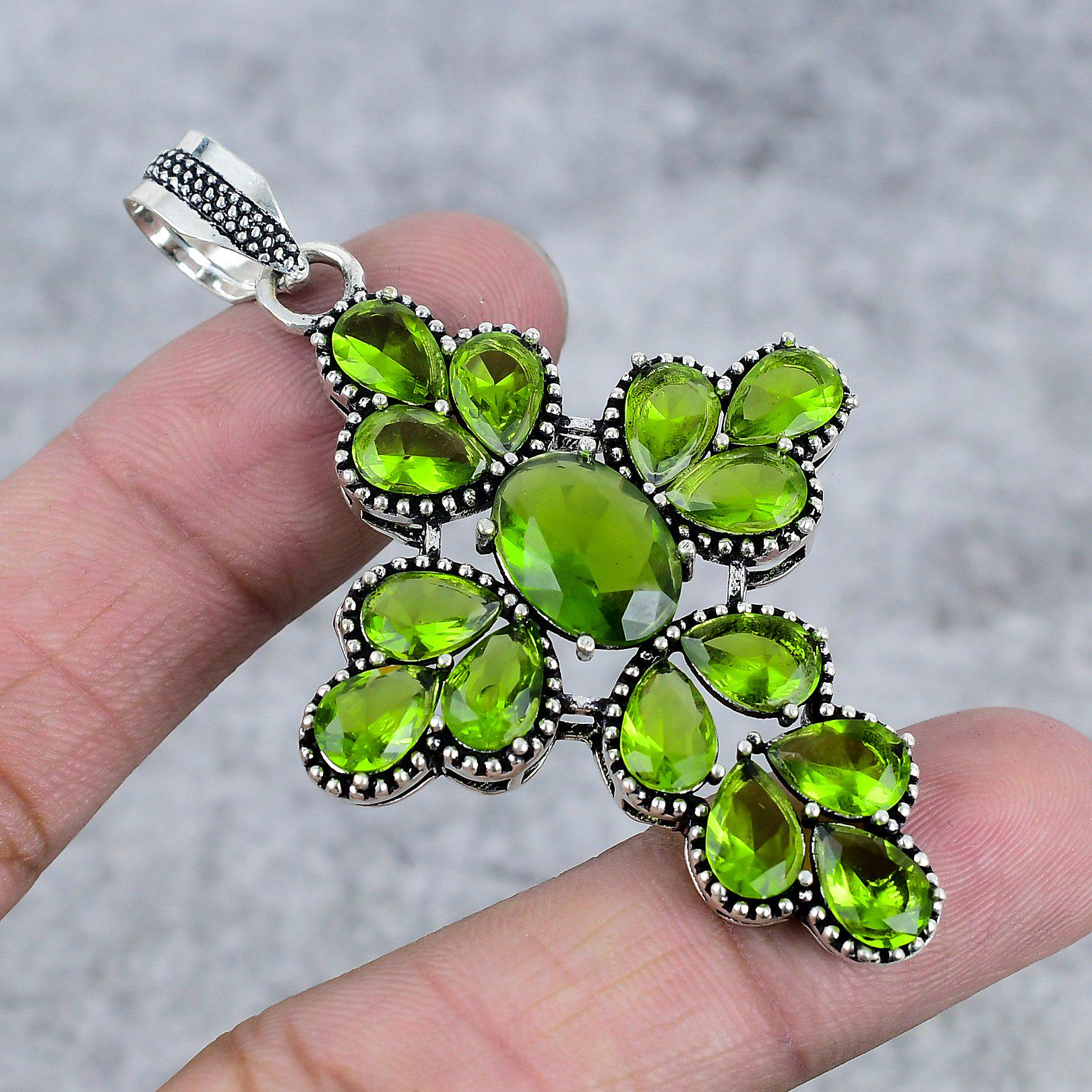 Ciondolo A Croce In Peridoto Fatto A Mano: Gioiello In Argento Sterling 925 Con Pietre Preziose - Italia - Foto 10
