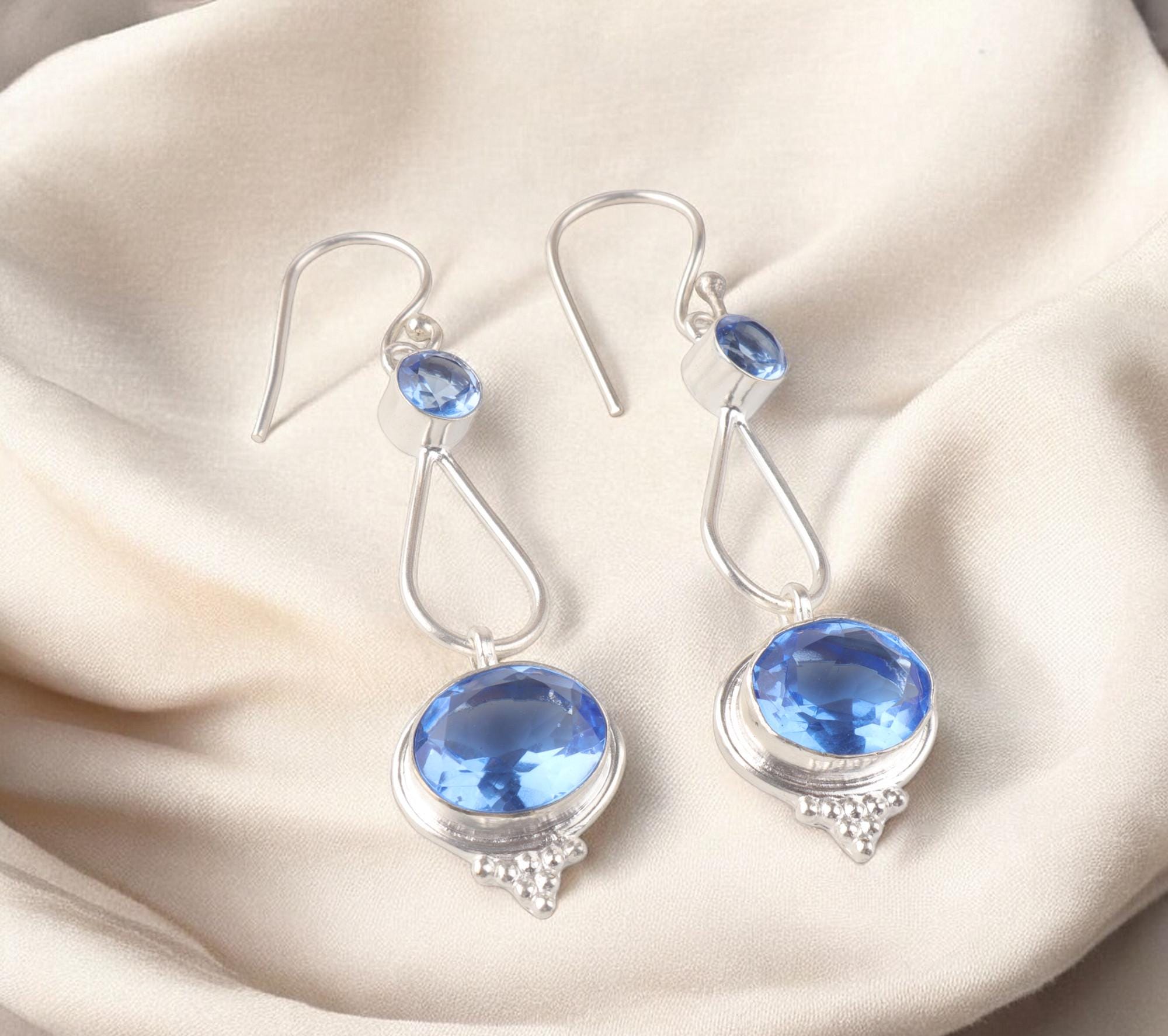 Orecchini Pendenti Artigianali In Argento 925 Con Topazio Blu Svizzero Naturale 1,06 Pollici - Regalo Perfetto