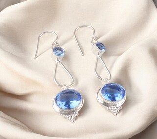 Orecchini Pendenti Artigianali In Argento 925 Con Topazio Blu Svizzero Naturale 1,06 Pollici - Regalo Perfetto