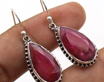 Ruby Earrings-Red Ruby Earrings-Handmade Silver Earrings-925 Sterling Silver Earrings Sapphire Earrings-Gift for her-Dangle & Drop Earrings