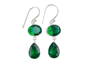 Emerald Drop Earrings: Vintage Green Stone, 925 Sterling Silver