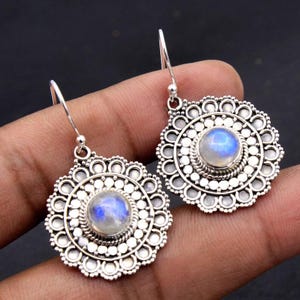 Moonstone Earrings, 925 Silver Earrings, Dangle Earrings, June Birthstone Earrings, Round Stone Earrings, Earrings For Women, Gifts for Her