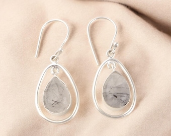 Black Rutile Pear Earrings: 925 Sterling Silver Handmade Hook Dangle