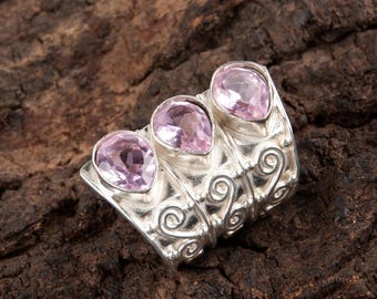 Anillo de morganita hecho a mano: piedra de pera rosa, anillo de compromiso de plata de ley