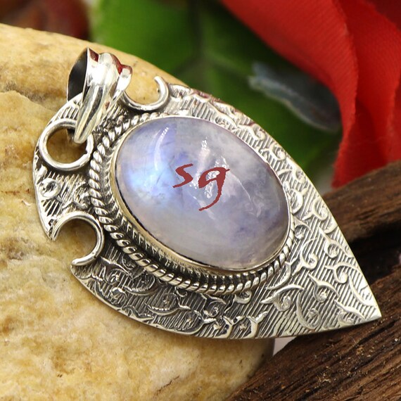 Pendentif En Argent Sterling 925 - Pierre De Lune Arc-en-Ciel Rose Naturelle - 1.5"