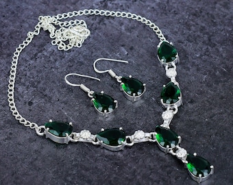 Emerald Jewelry Set: Sterling Silver Necklace and Dangle Earrings