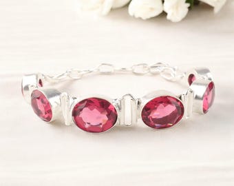 Pink Tourmaline Bracelet: Natural Gemstone, 925 Sterling Silver