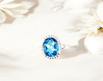 Natural Swiss Blue Topaz Ring Size All Size, Gemstone Ring, Blue Statement Ring, 925 Sterling Silver Jewelry, Wedding Gift, Ring For Mother