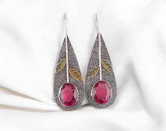 Dainty Ear Wire Pink Tourmaline Earrings, Dangle Tourmaline Earrings, October Birthstone, Gift For her, 925 Sterling Silver Women Earring